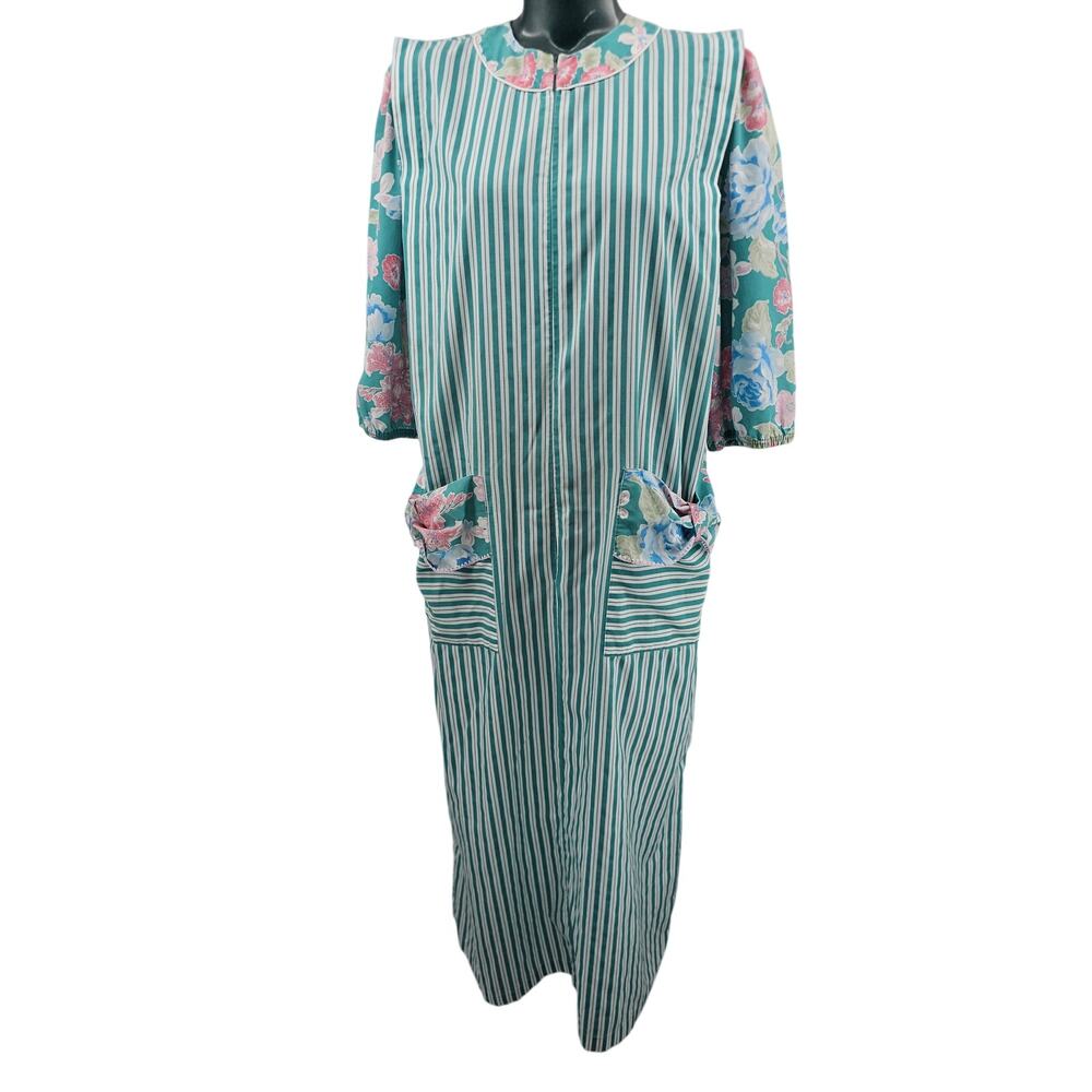 Vintage 70's Teal Striped Floral House Coat Size S Country Farmcore Cottagecore